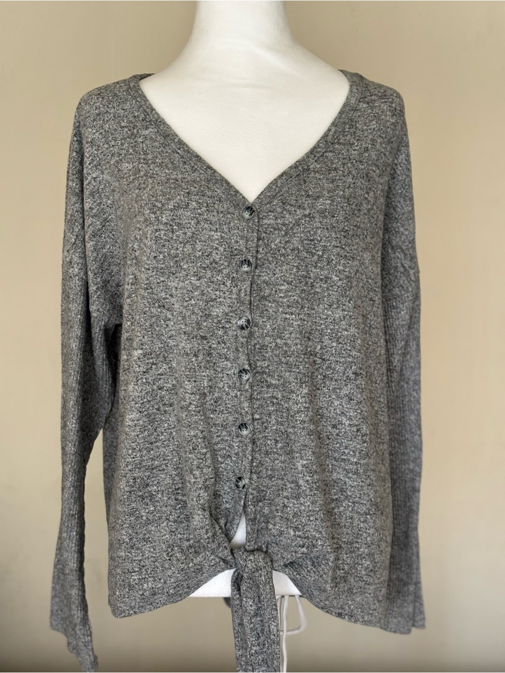 Olivia Sky Heather Gray V-Neck Button Tie-Front Sweater